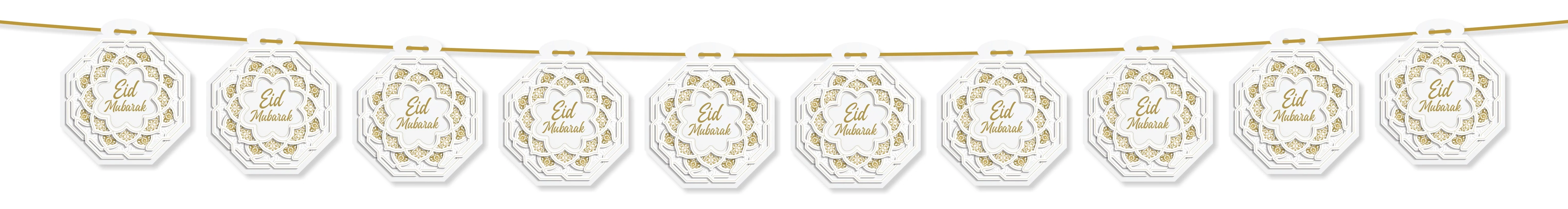 EID Mubarak White & Gold Medium (10 pcs) Hanging Octogans (AG21) - Image 2