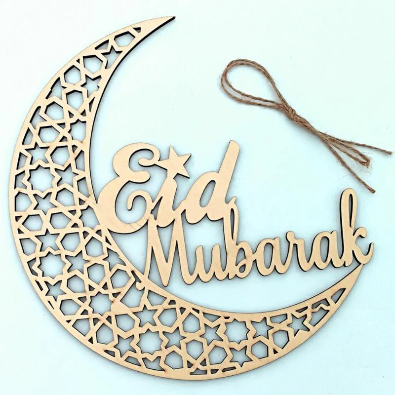 Eid Mubarak Wooden Hanging Decoration - Geometric Moon - Image 2