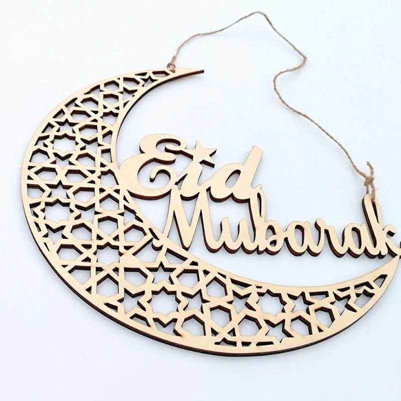 Eid Mubarak Wooden Hanging Decoration - Geometric Moon - Image 3