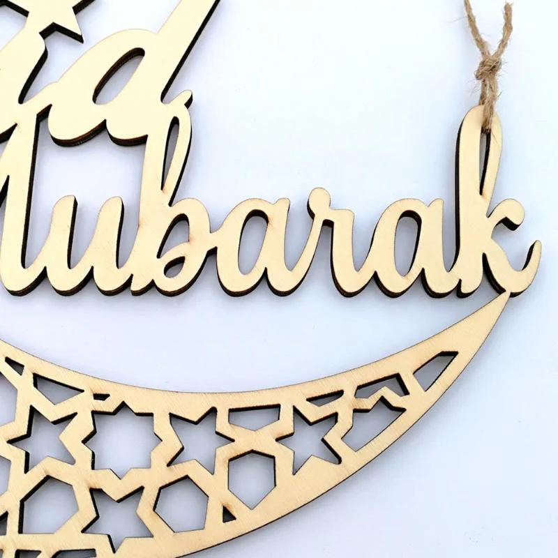 Eid Mubarak Wooden Hanging Decoration - Geometric Moon - Image 4