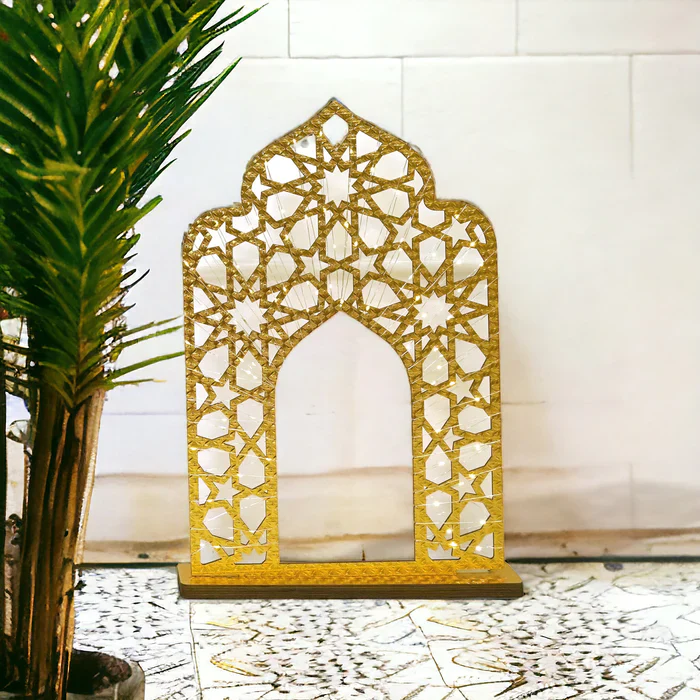 Giant Reflective Gold Masjid Arch Wooden Stand With Fairy Lights