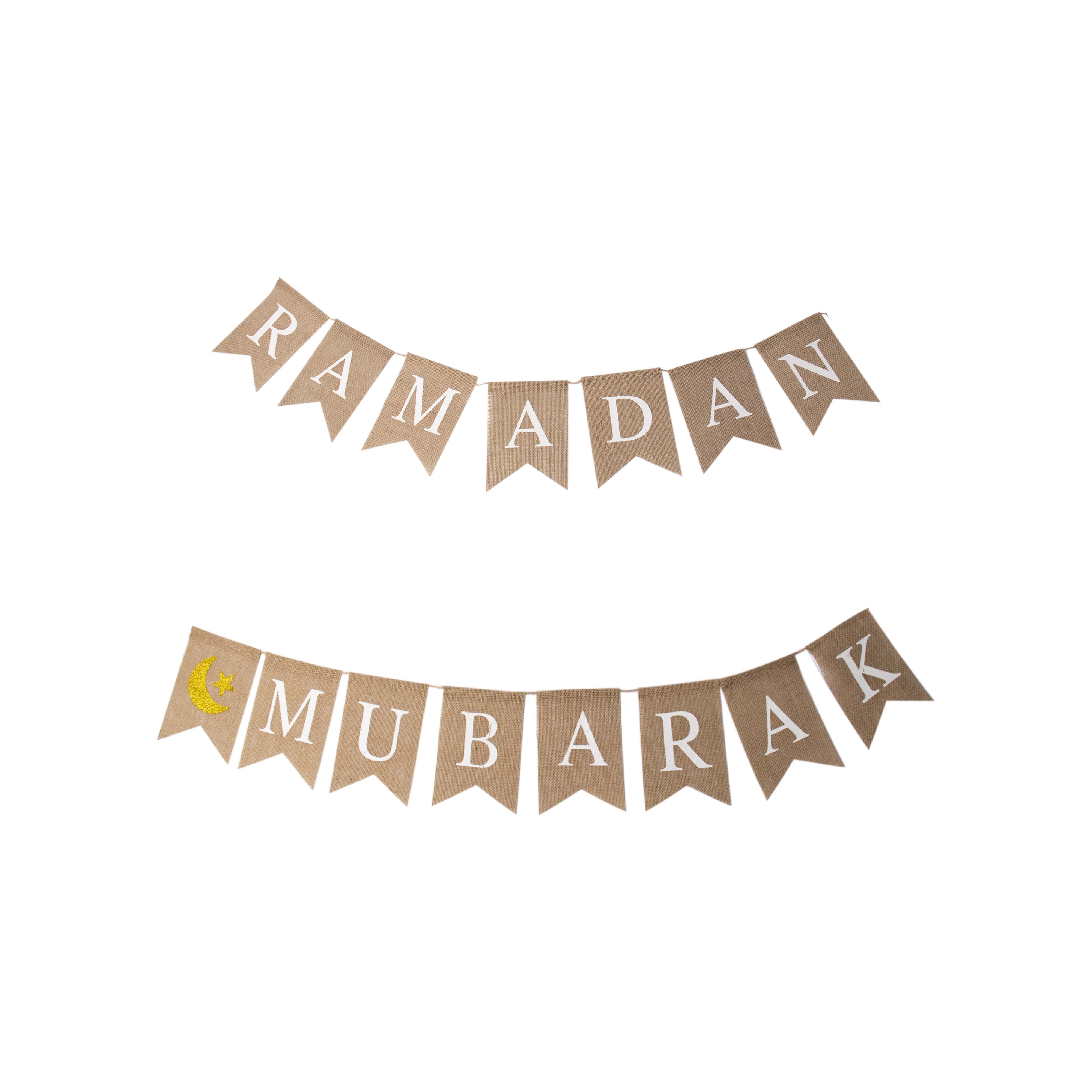 Gold Moon & Star Ramadan Mubarak Burlap Bunting Glitter