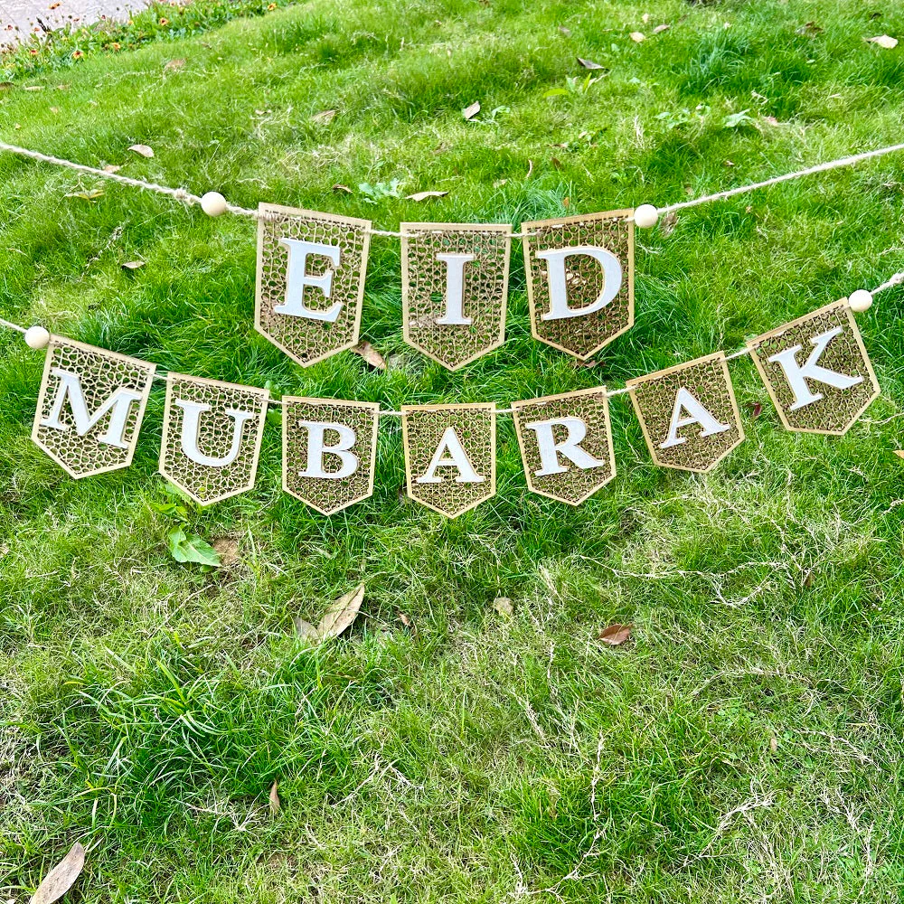 Golden and White Eid Mubarak Wood & Metal Lace Bunting