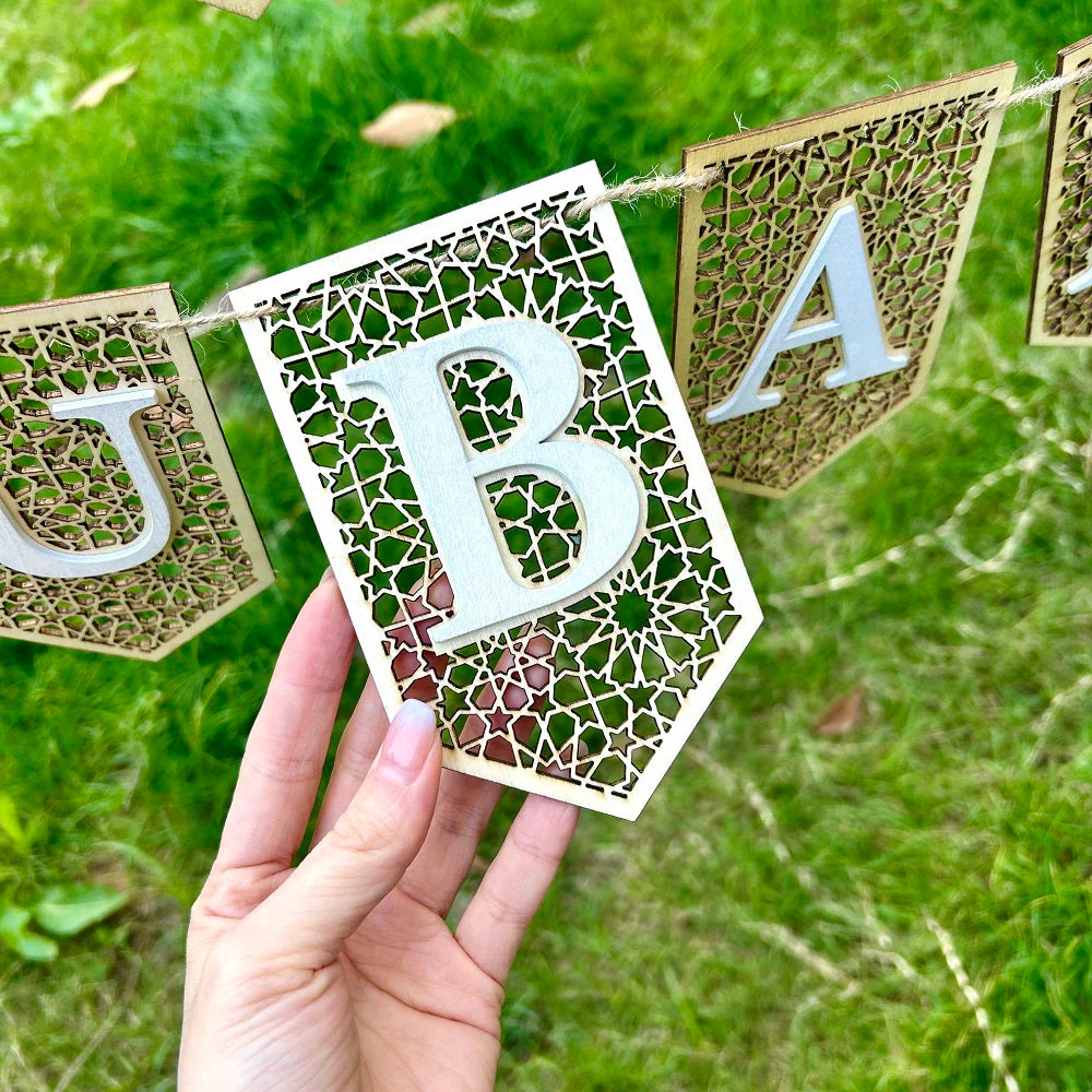 Golden and White Eid Mubarak Wood & Metal Lace Bunting - Image 6