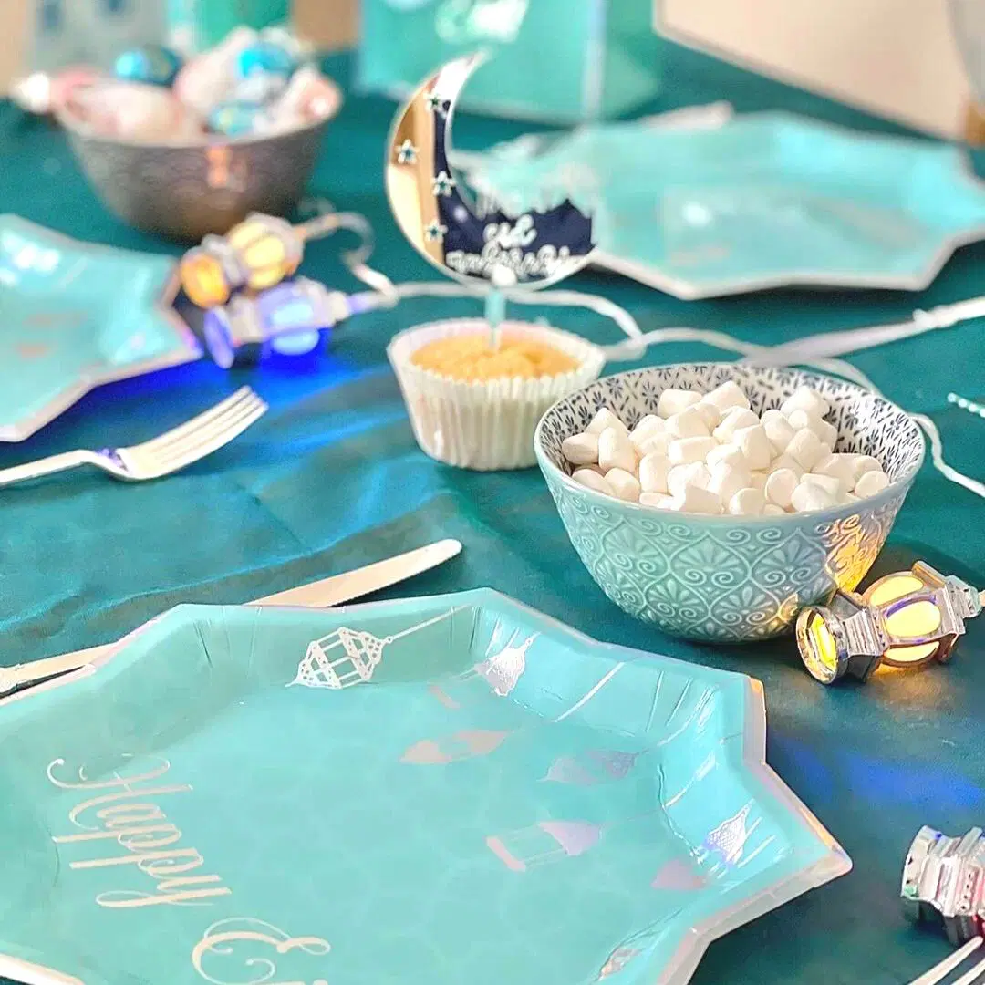Happy Eid Plate, Cup and Napkin Set - Teal & Iridescent - Image 2