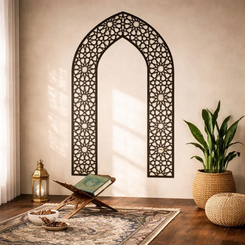 Islamic Mihrab Geometric Wall Art – Large Wooden & Acrylic Prayer Décor - Black - Image 2