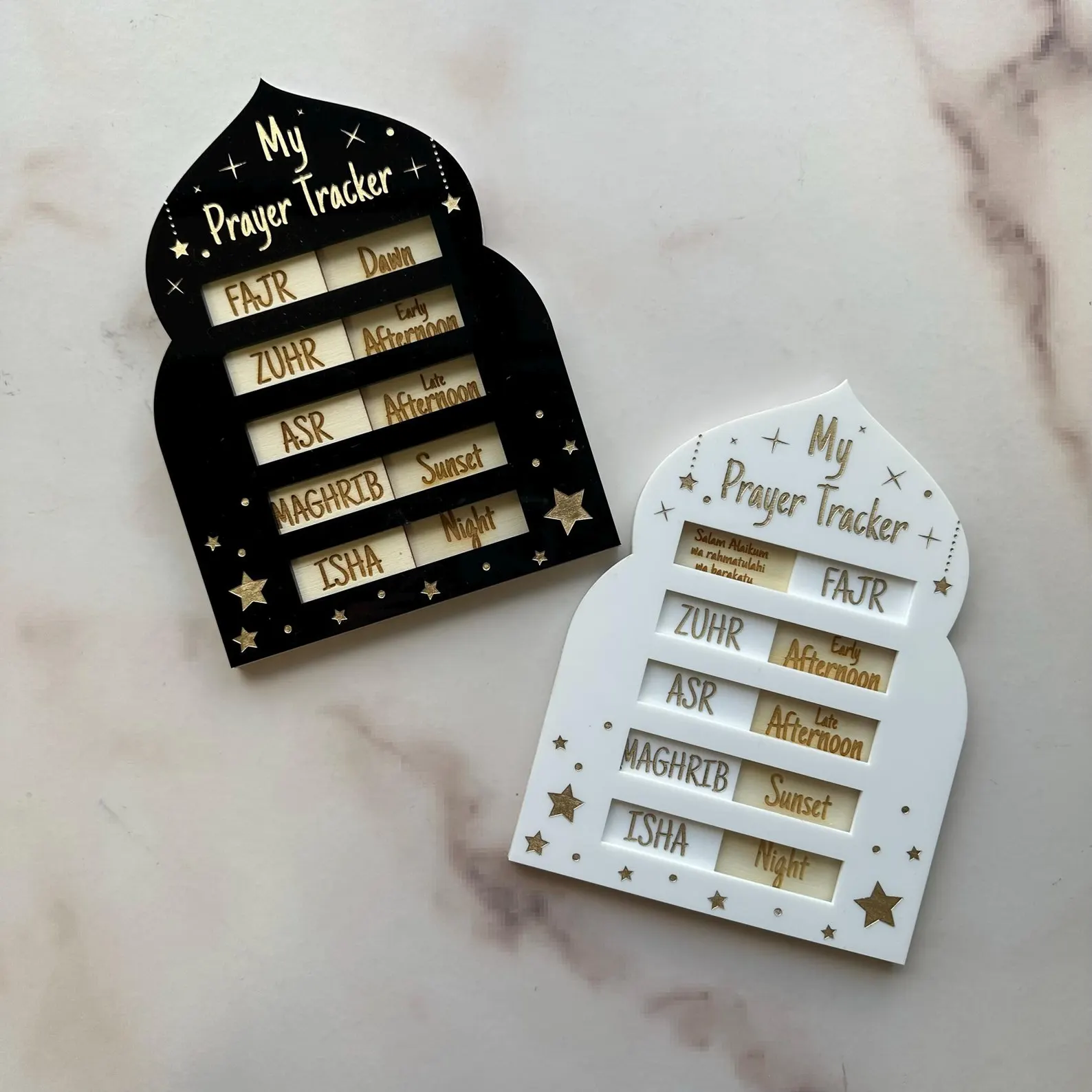 My Salah Prayer Tracker – Wooden Islamic Arch Daily Prayer Tracker (White)