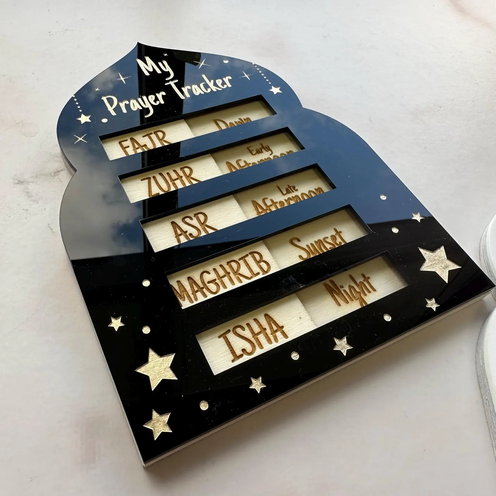 My Salah Prayer Tracker – Wooden Islamic Arch Daily Prayer Tracker (White) - Image 3
