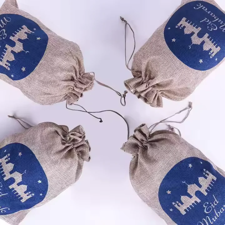 Natural Linen Eid Mubarak Drawstring Gift Bags with Blue Mosque Design - Image 2
