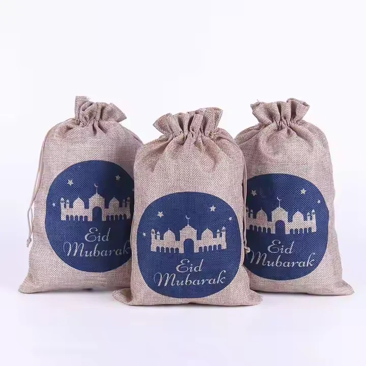 Natural Linen Eid Mubarak Drawstring Gift Bags with Blue Mosque Design - Image 3