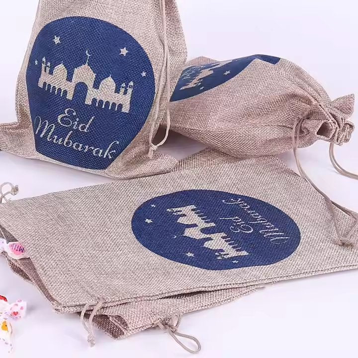 Natural Linen Eid Mubarak Drawstring Gift Bags with Blue Mosque Design - Image 4