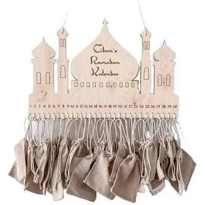 Natural Wood Ramadan Calendar with Drawstring Bags