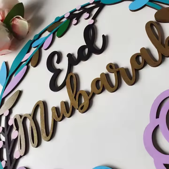 Pastel Eid Mubarak Floral Wreath Metal & Acrylic Ring Decoration - Image 4