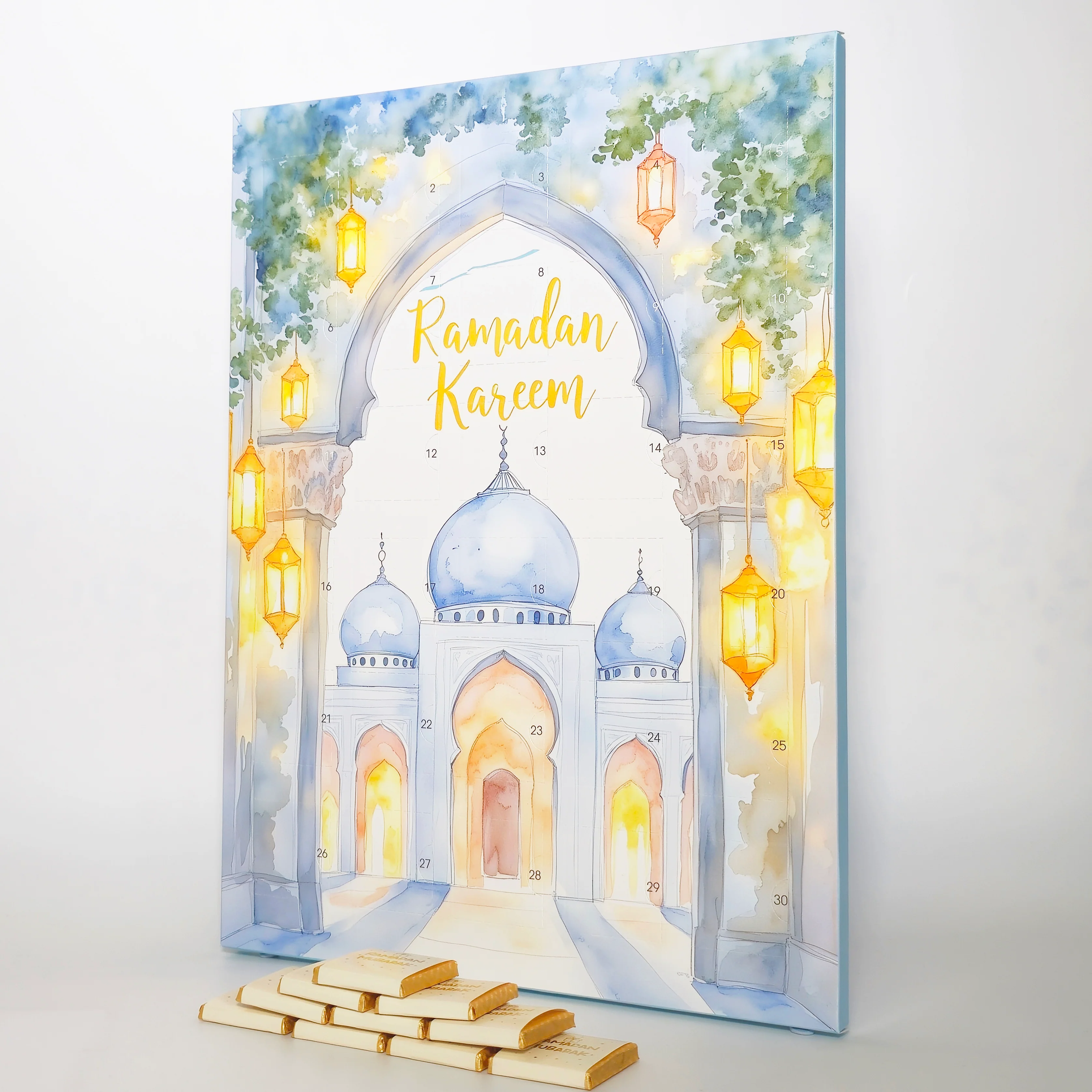 Ramadan Chocolate Advent Countdown Calendar (3 Pack Bundle)  – Blue, Pink & Beige Watercolour Mosque Design - Image 4
