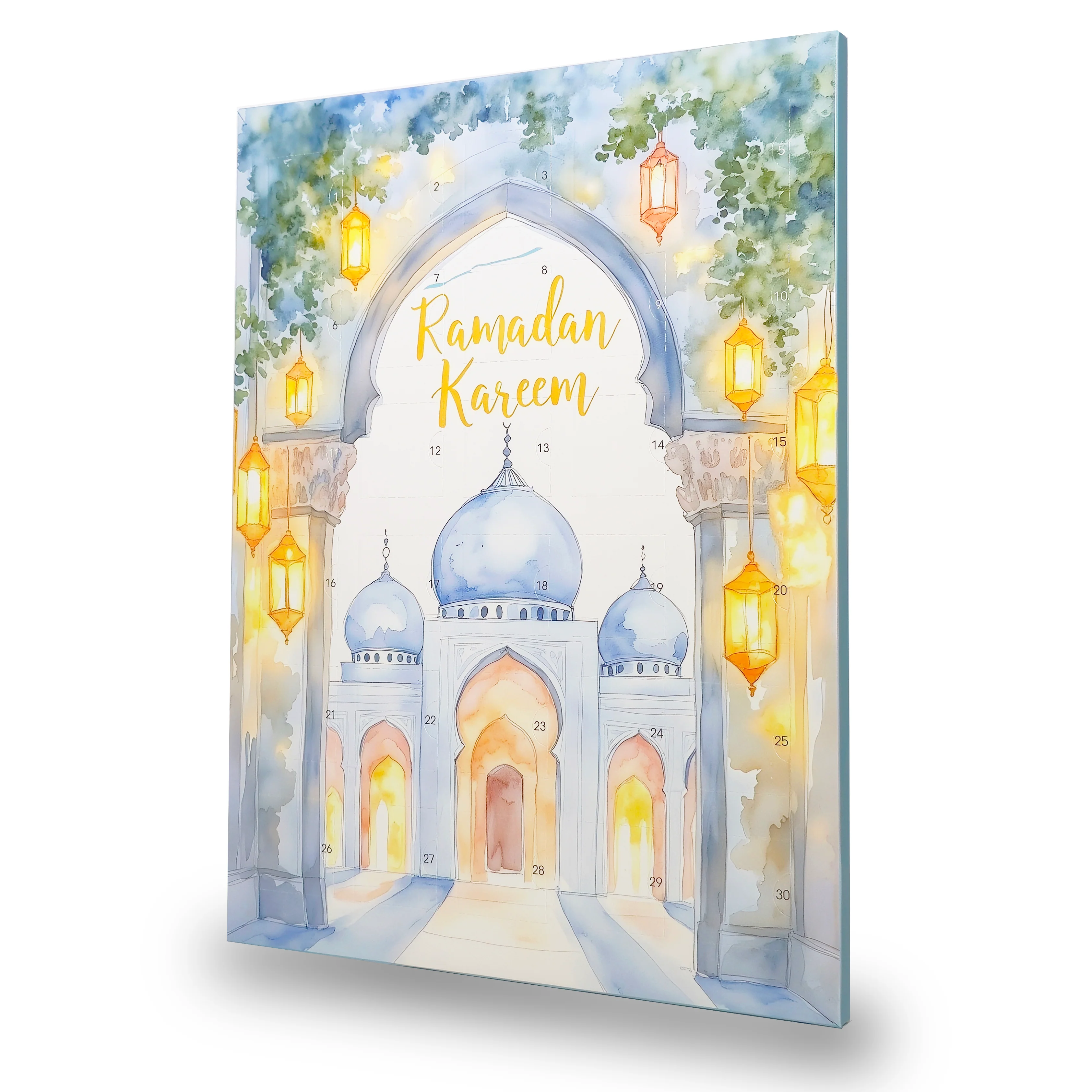 Ramadan Chocolate Advent Countdown Calendar – Blue Watercolour Mosque Design
