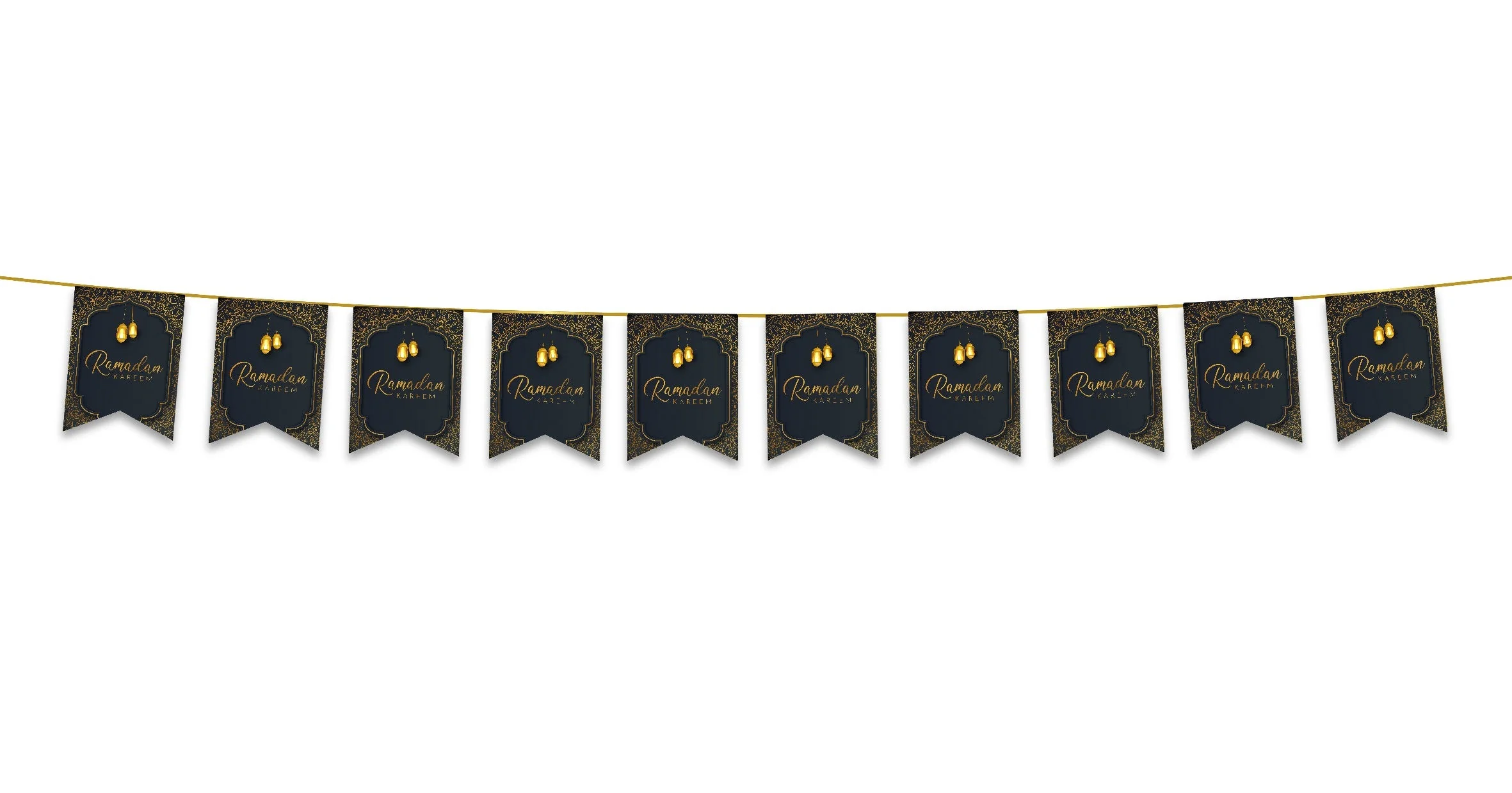 Ramadan Kareem Bunting - Black & Gold Geometric Lanterns Frame Flags Decoration - Image 2