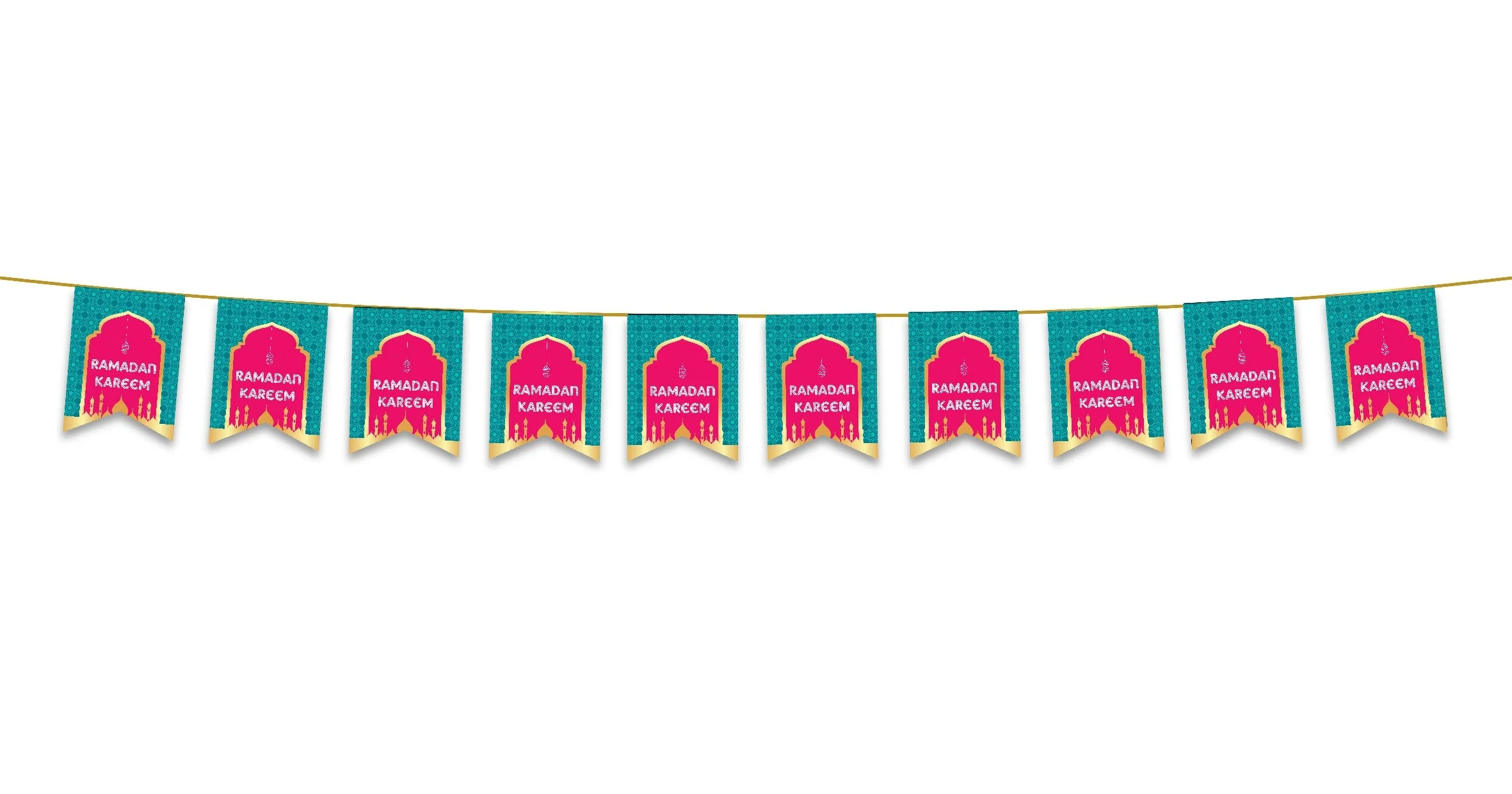 Ramadan Kareem Bunting - Teal & Pink Geometric Archway Mosque Flags Decoration - Image 2