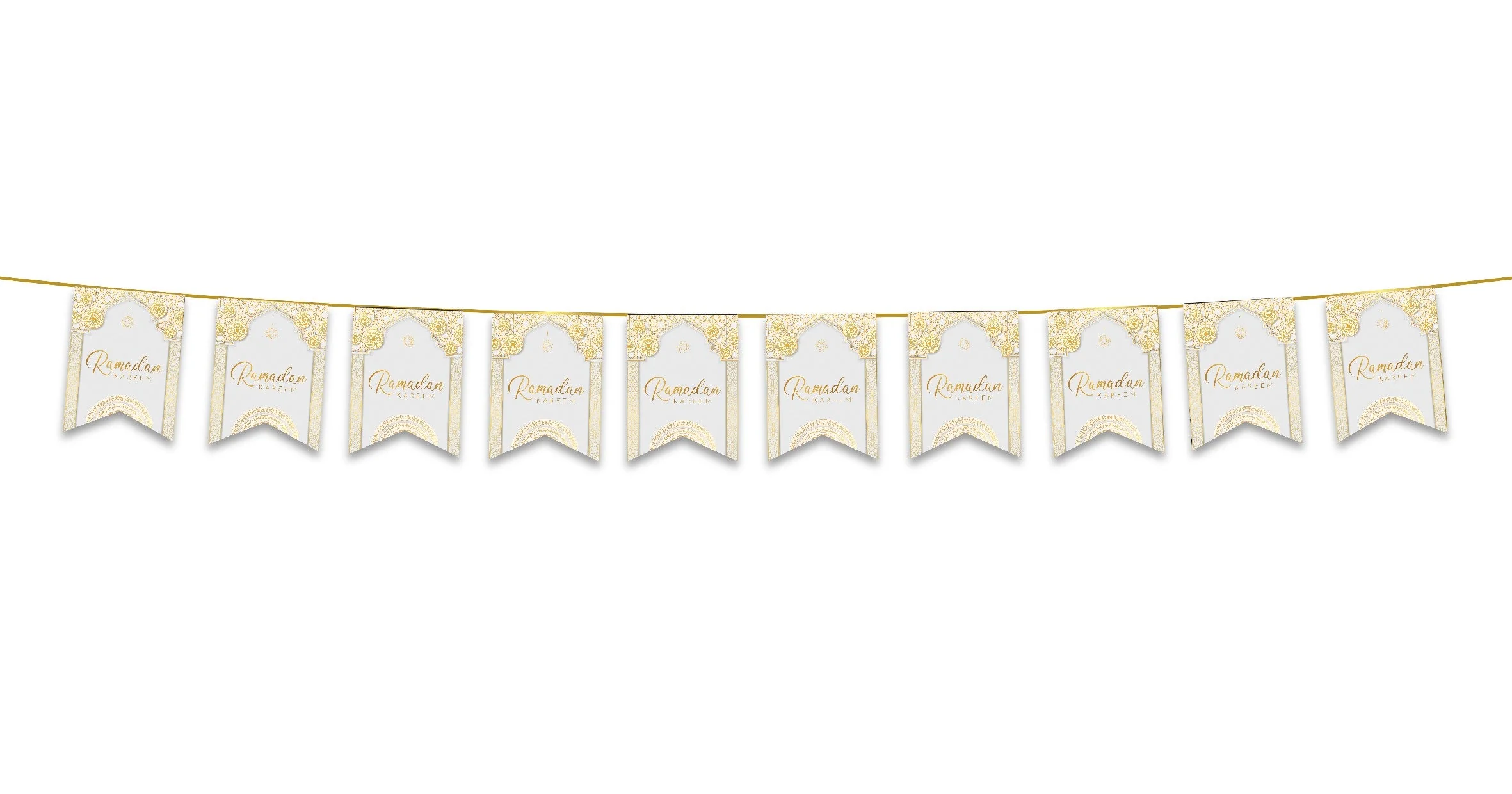 Ramadan Kareem Bunting - White & Gold Geometric Arabesque Archway Flags Decoration - Image 2