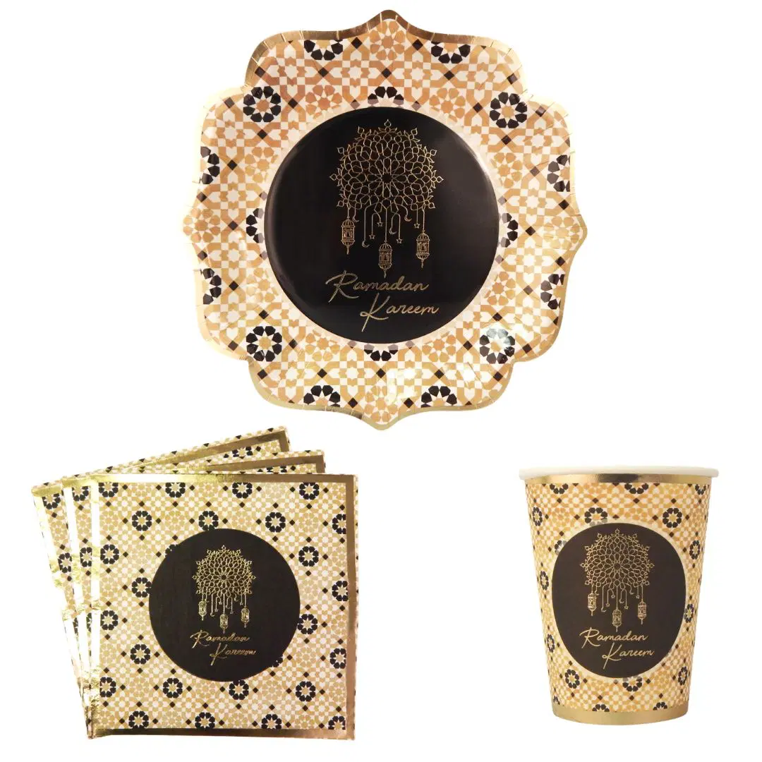 Ramadan Kareem Plate, Cup and Napkin Set - Black & Gold Geometric