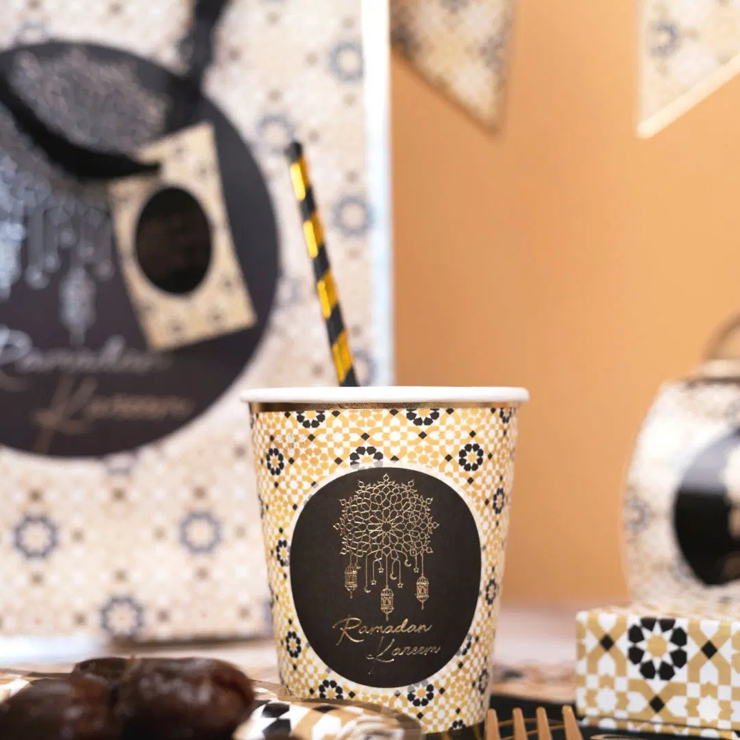Ramadan Kareem Plate, Cup and Napkin Set - Black & Gold Geometric - Image 2