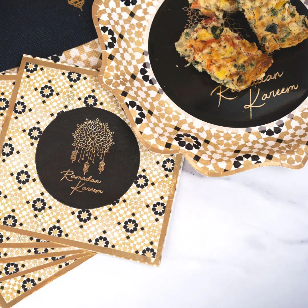 Ramadan Kareem Plate, Cup and Napkin Set - Black & Gold Geometric - Image 3