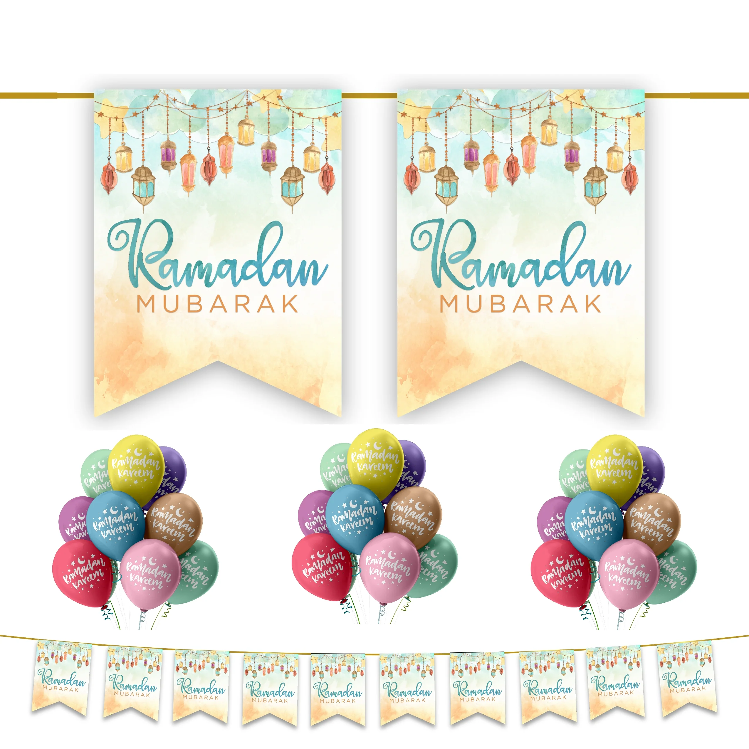 Ramadan Mubarak 20 pc Decoration Set - Lanterns Watercolour