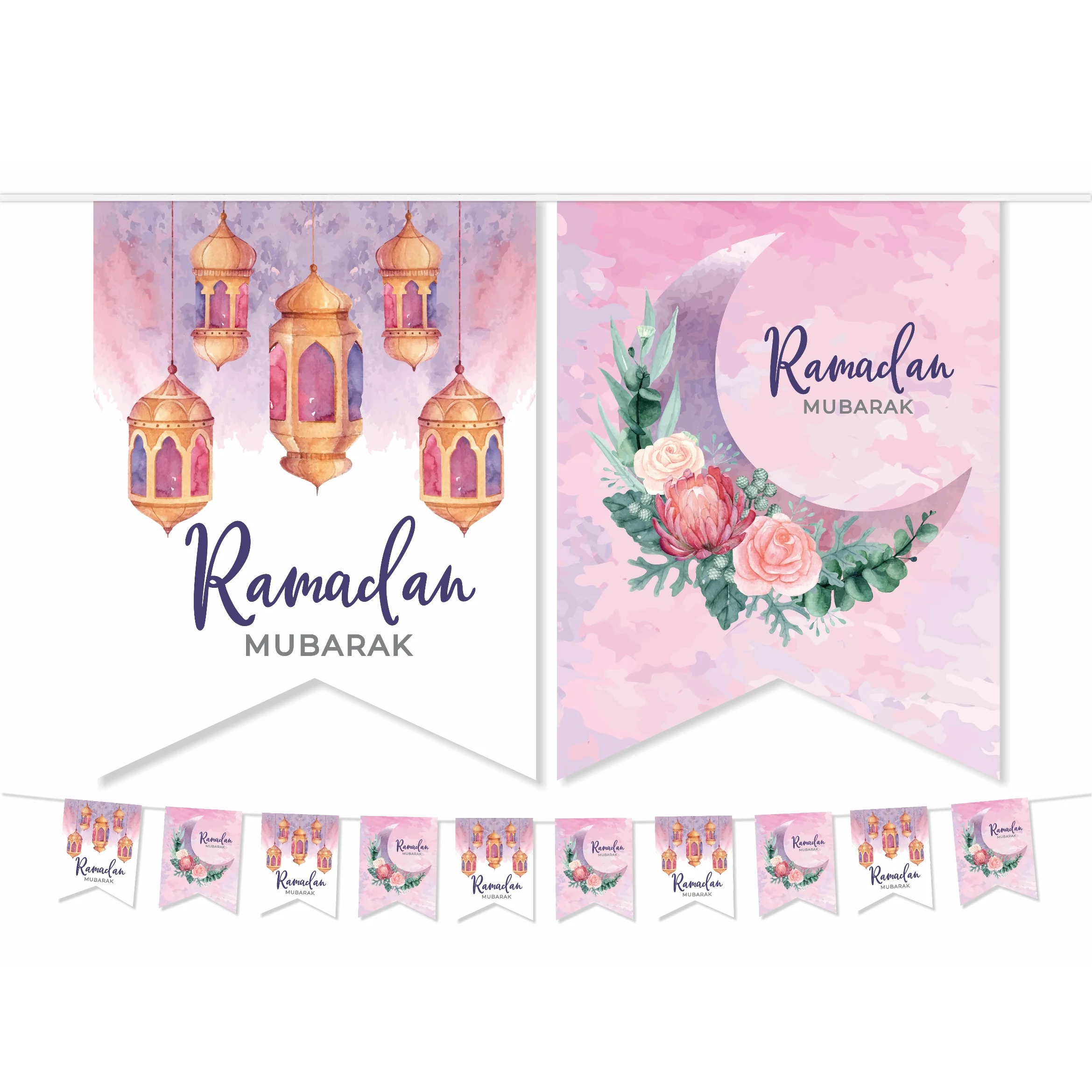 RAMADAN Mubarak Bunting Decoration - Pink Floral & Lanterns Design (AG21)