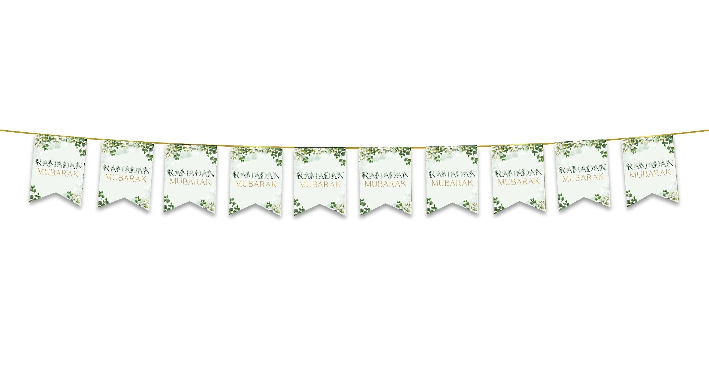 Ramadan Mubarak Bunting - Green & Gold Floral Flags Decoration - Image 2