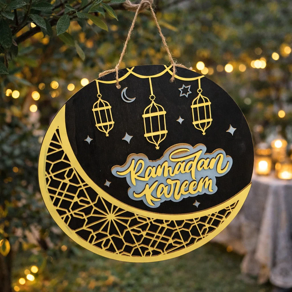 Ramadan Mubarak Crescent Moon & Lantern Wooden Plaque - Dark Blue & Gold