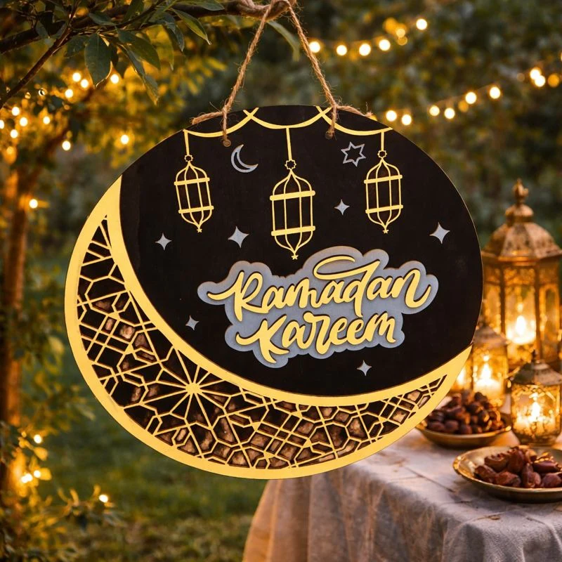 Ramadan Mubarak Crescent Moon & Lantern Wooden Plaque - Dark Blue & Gold - Image 2