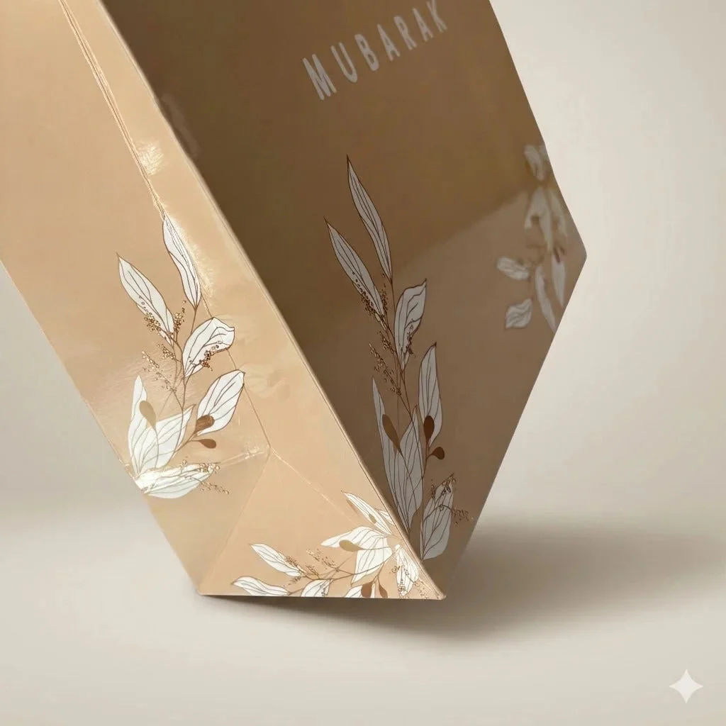 Ramadan Mubarak Gift Bag – Neutral Cream Gold Foil Islamic Packaging (1pc) - Image 3