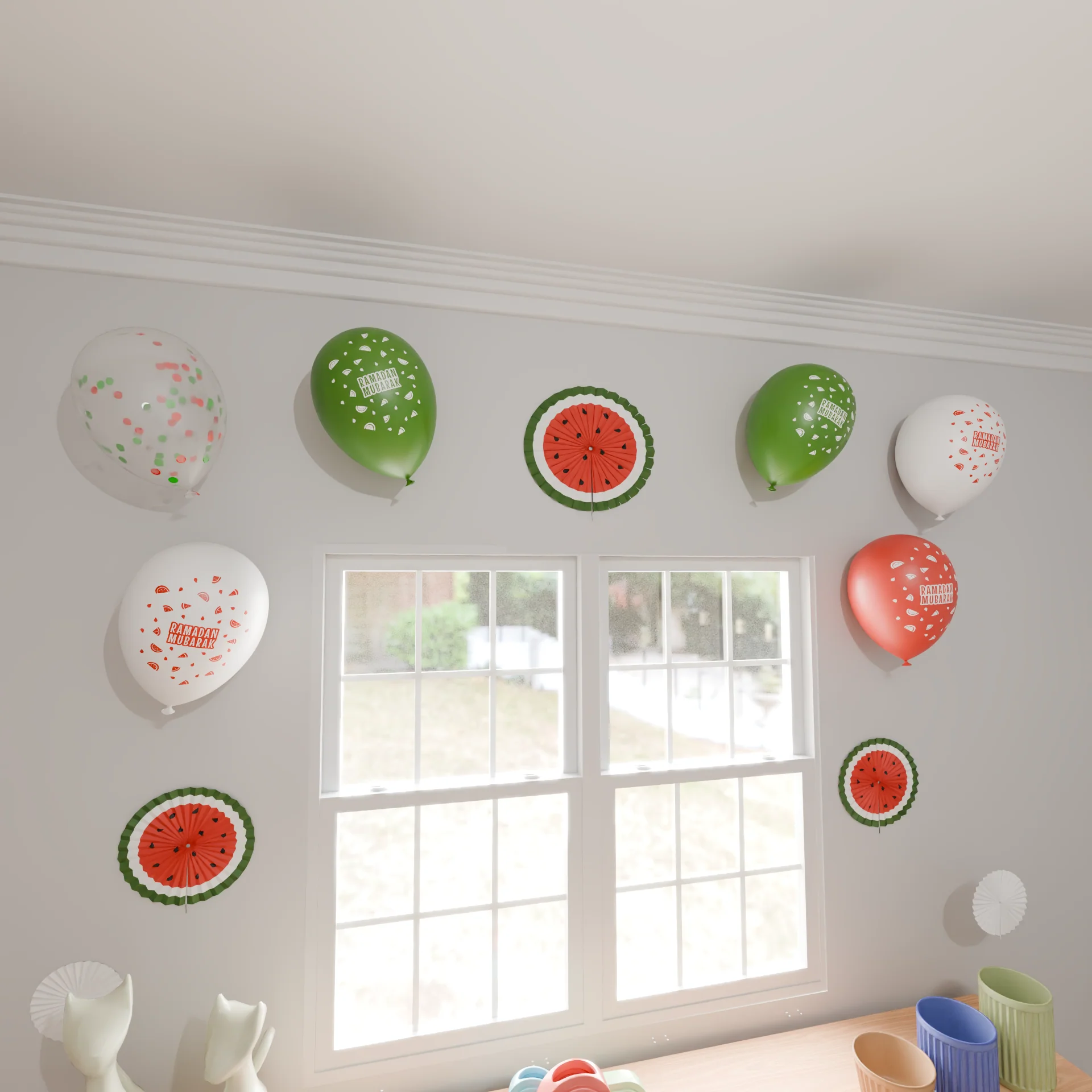 Ramadan Mubarak Latex Balloons (12 pack) - Red, White & Green Watermelon Palestine Theme - Image 3