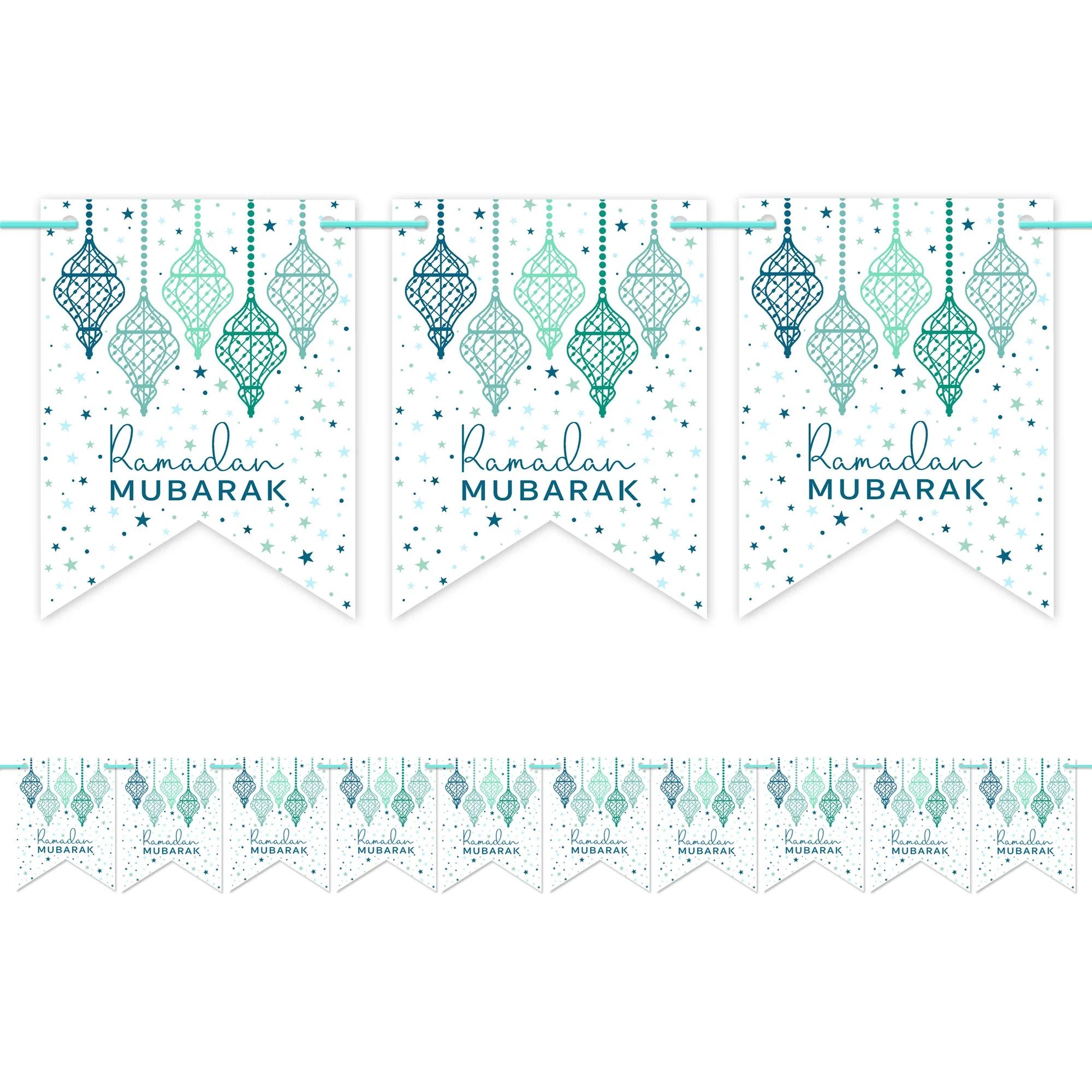 Ramadan Mubarak Pennant Bunting - Green & Blue Lanterns