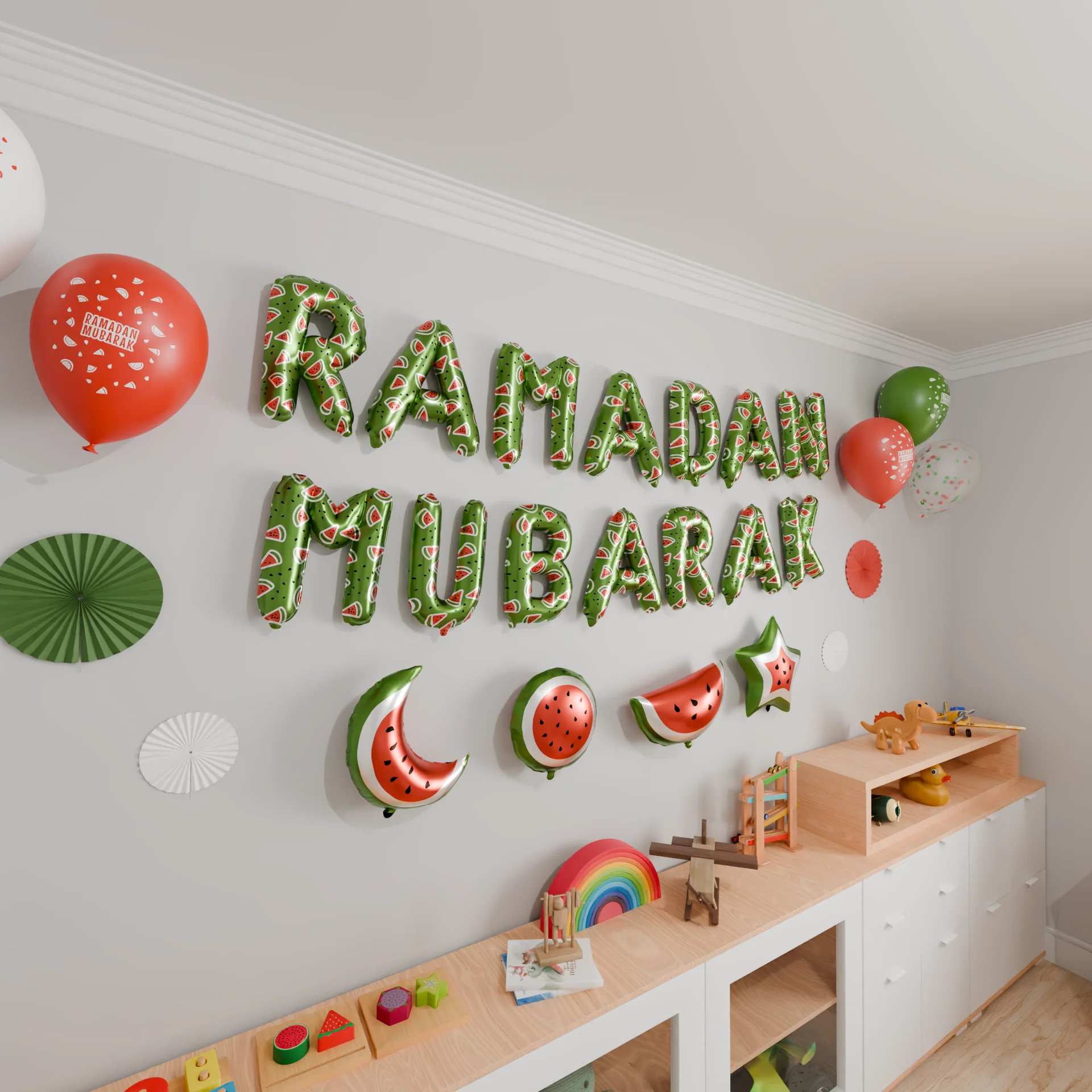 Ramadan Mubarak foil balloon set - Watermelon Palestine Design - Green - Image 5