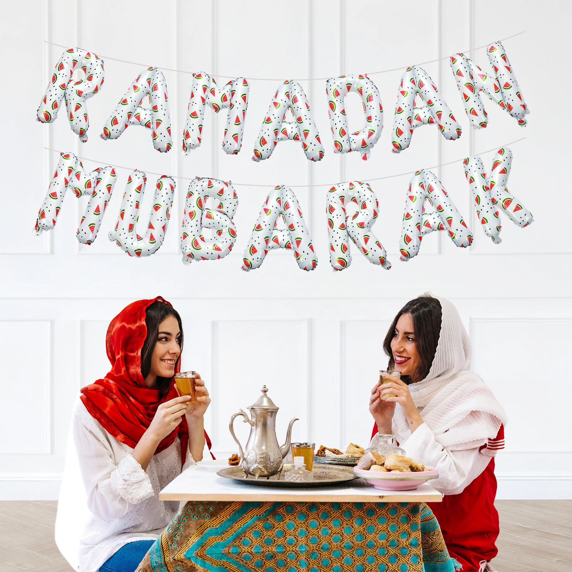 Ramadan Mubarak foil balloon set - Watermelon Palestine Design - White - Image 4