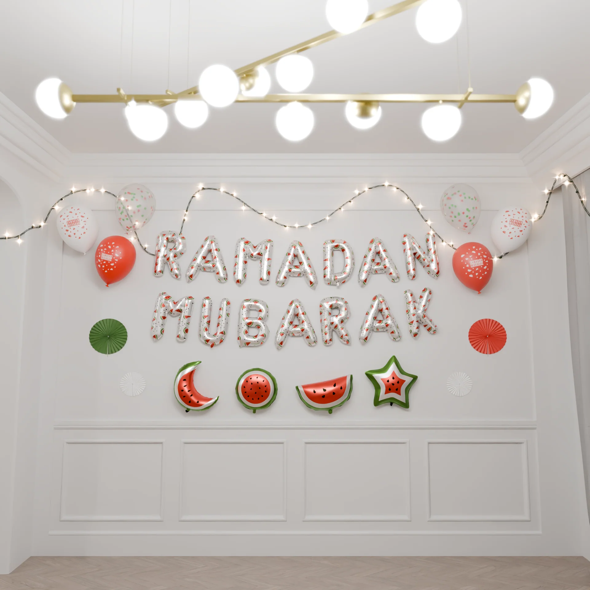 Ramadan Mubarak foil balloon set - Watermelon Palestine Design - White - Image 5