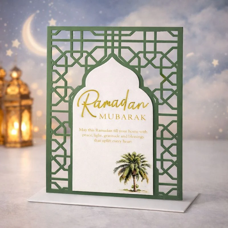 Sage Green & Gold Ramadan Mubarak Geometric Acrylic Message Plaque with Dua - 22 x 30cm - Image 2