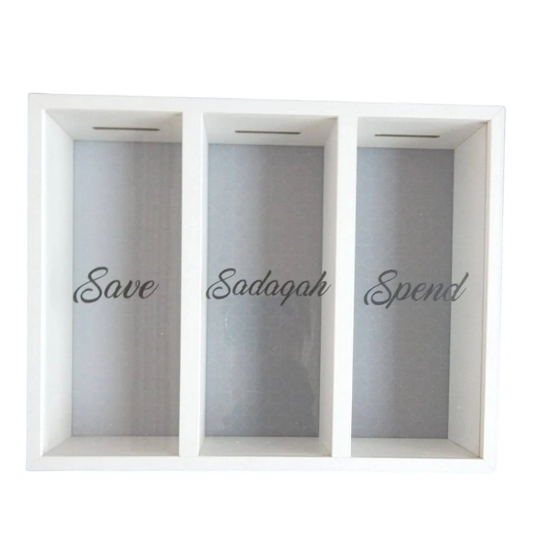 Save, Sadaqah & Spend Money Box – White & Grey - Image 2
