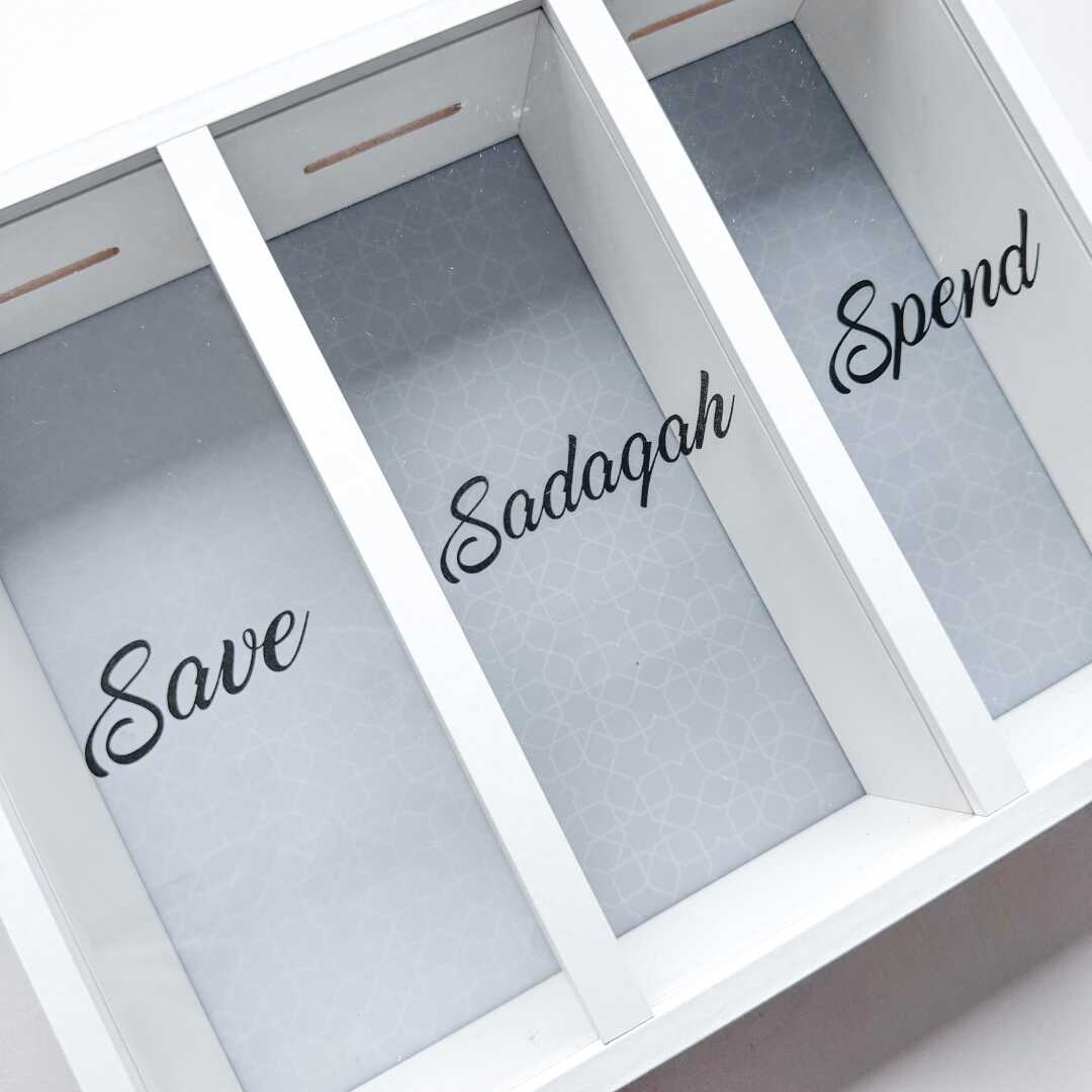 Save, Sadaqah & Spend Money Box – White & Grey - Image 3