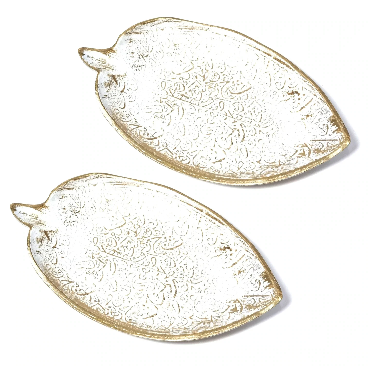 Set of 2 Large White & Gold Leaf Arabic Wooden Serving Trays