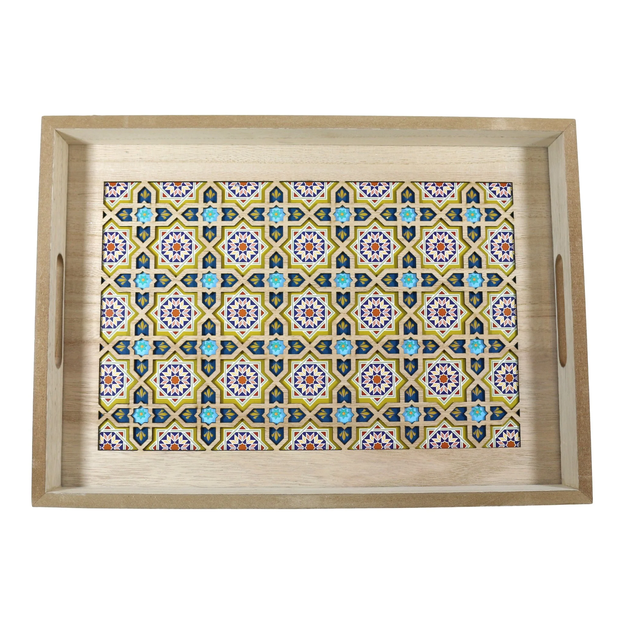 Set of 2 Rectangular Wooden Geometric Inlay Pattern Iftar Serving Trays - Image 3