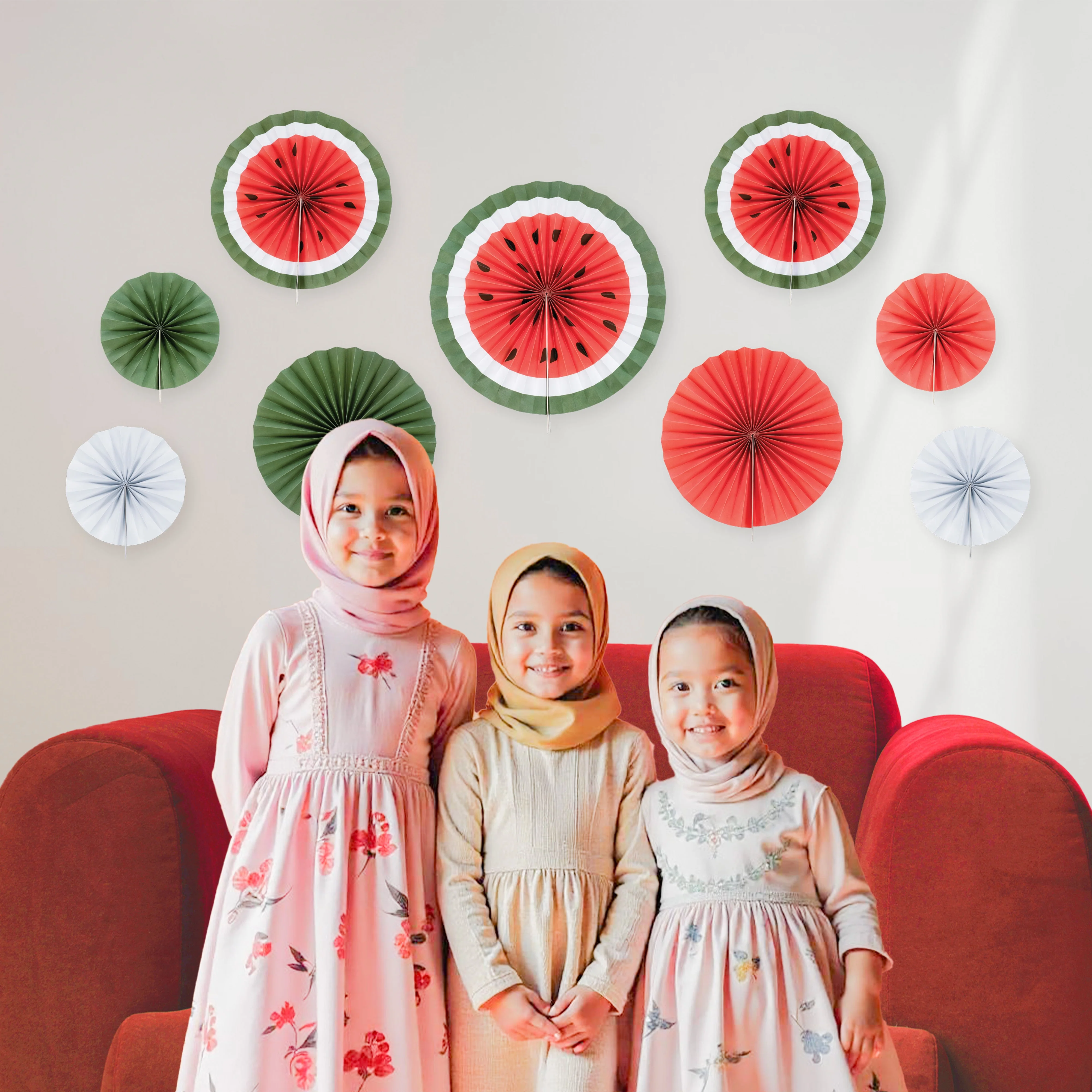 Set of 9 Watermelon Paper Fans for Ramadan & Eid Palestine Themed Hanging Decoration - Image 3
