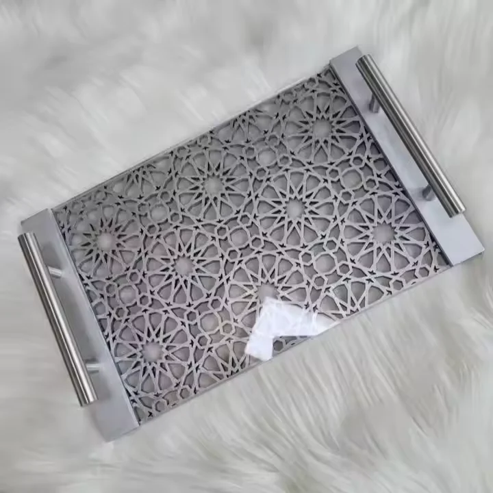 Silver & Clear Islamic Geometric Pattern Acrylic Serving Tray
