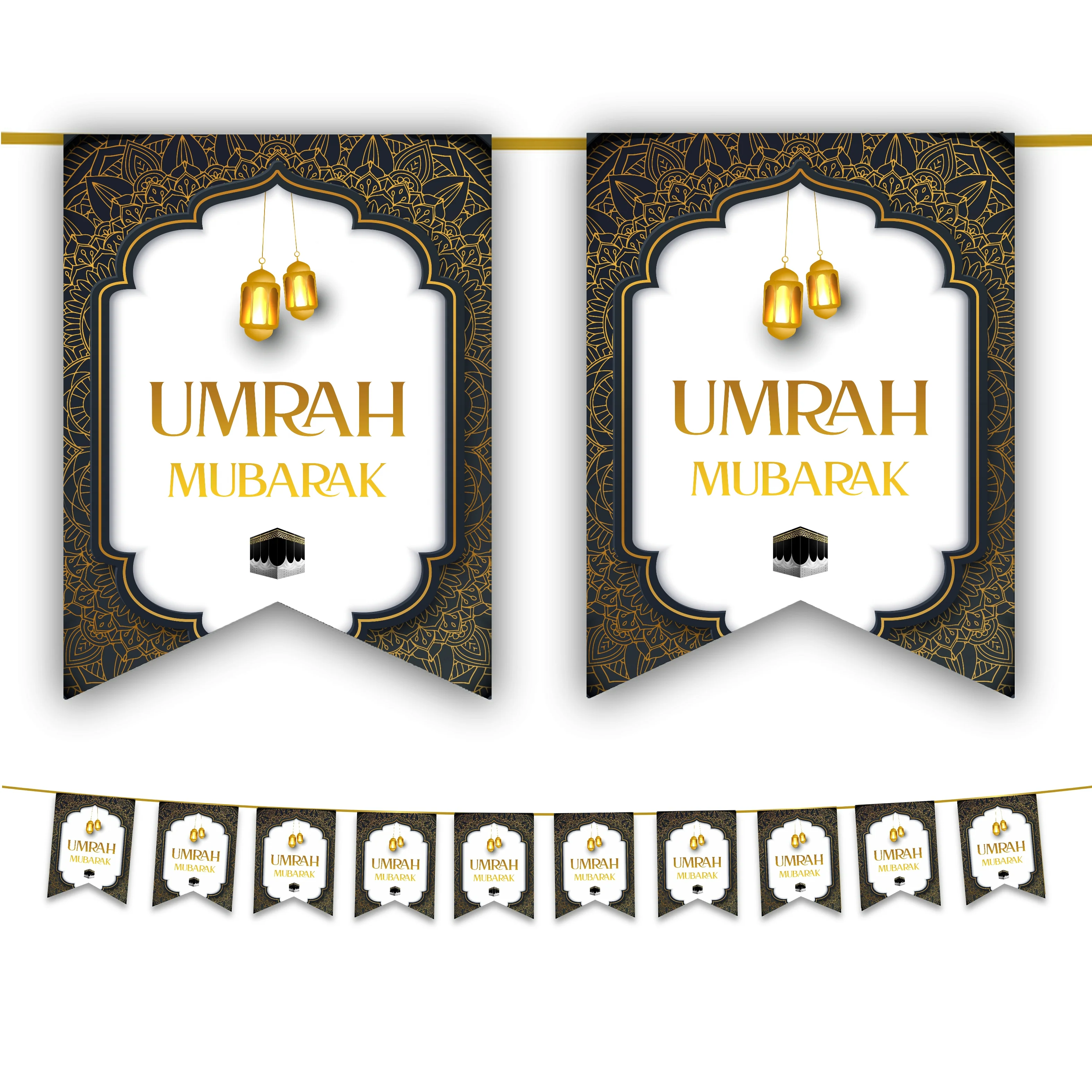 Umrah Mubarak Bunting - Black & Gold Hanging Lanterns