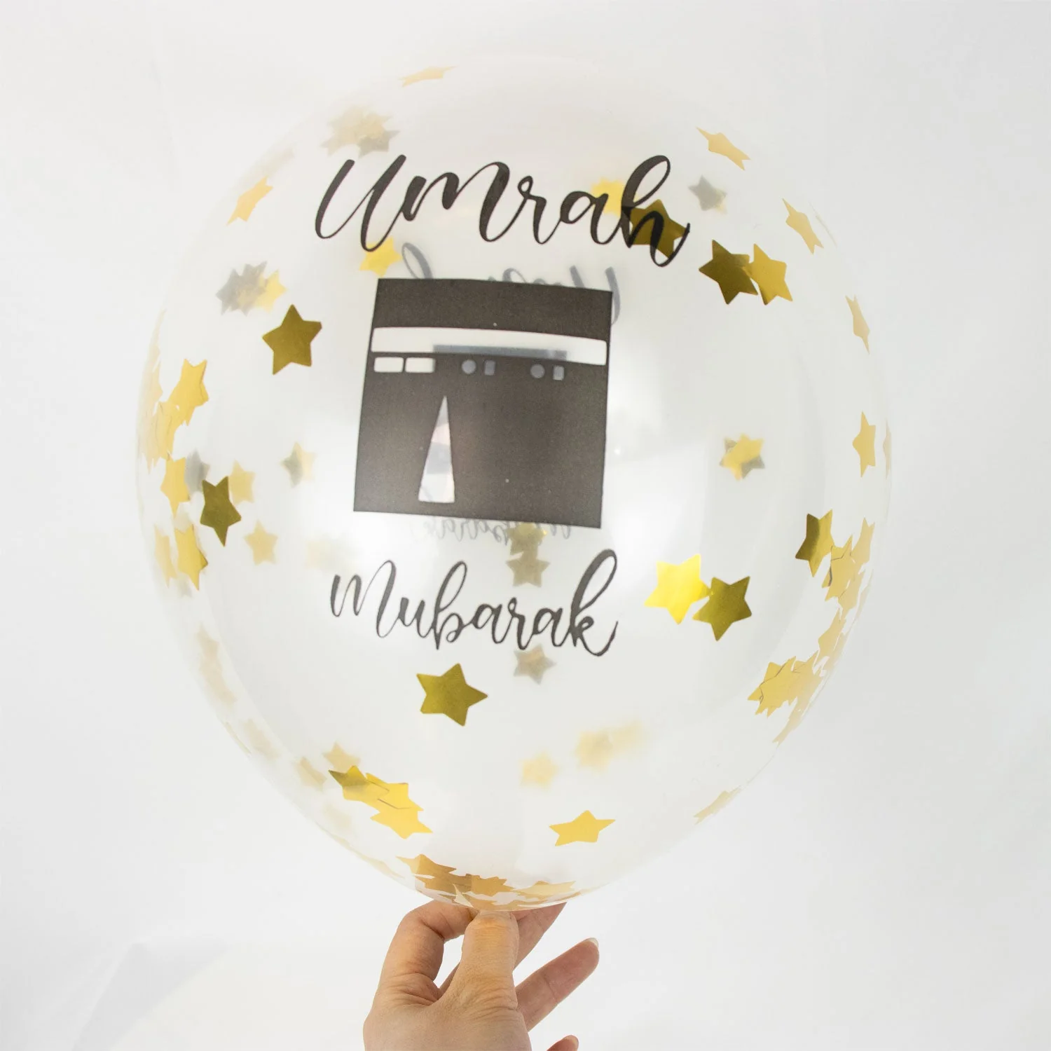 Umrah Mubarak Gold Star Confetti Balloons – 12” Transparent Balloons - Image 3
