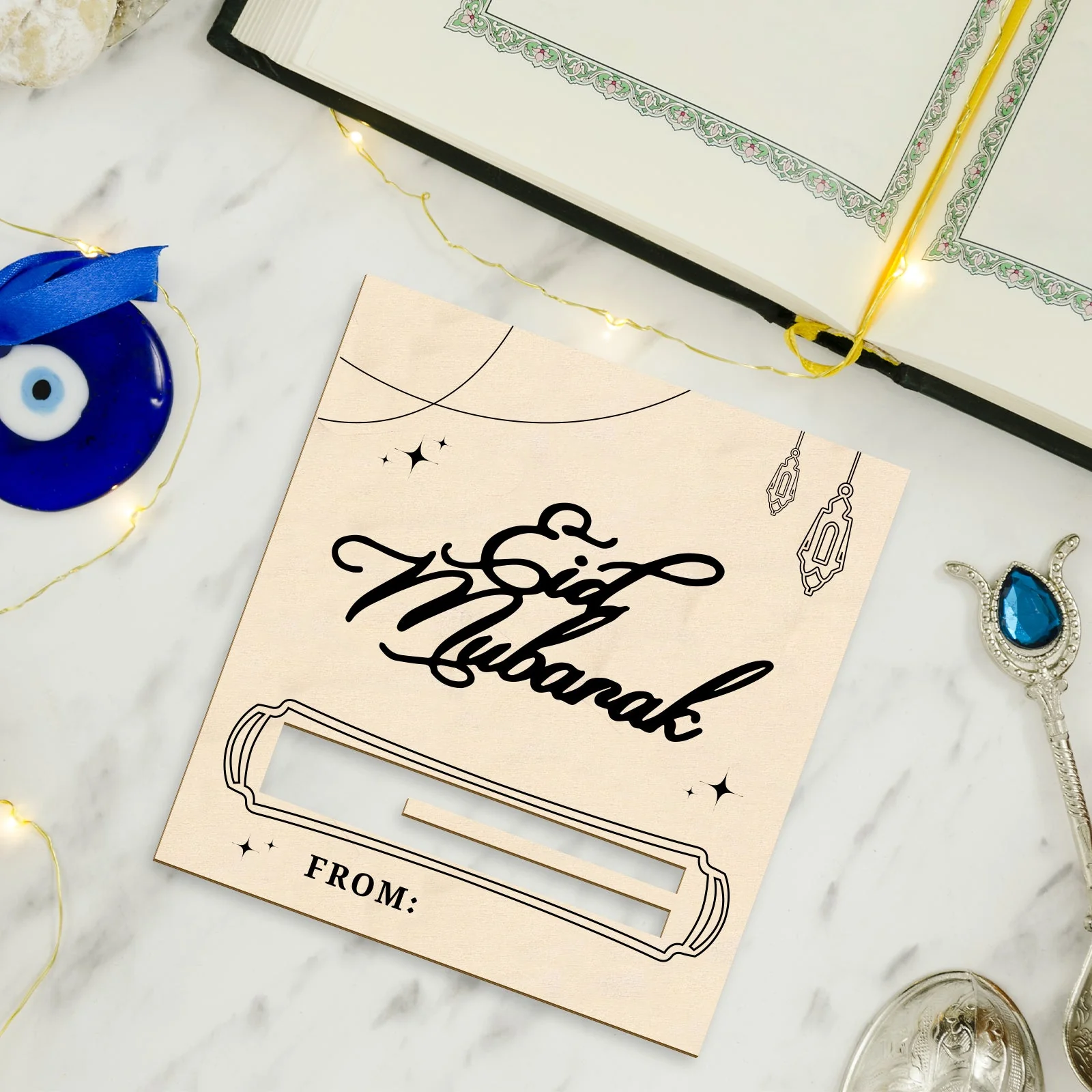 White & Black Eid Mubarak Gift Card with Attached Gift - Image 3