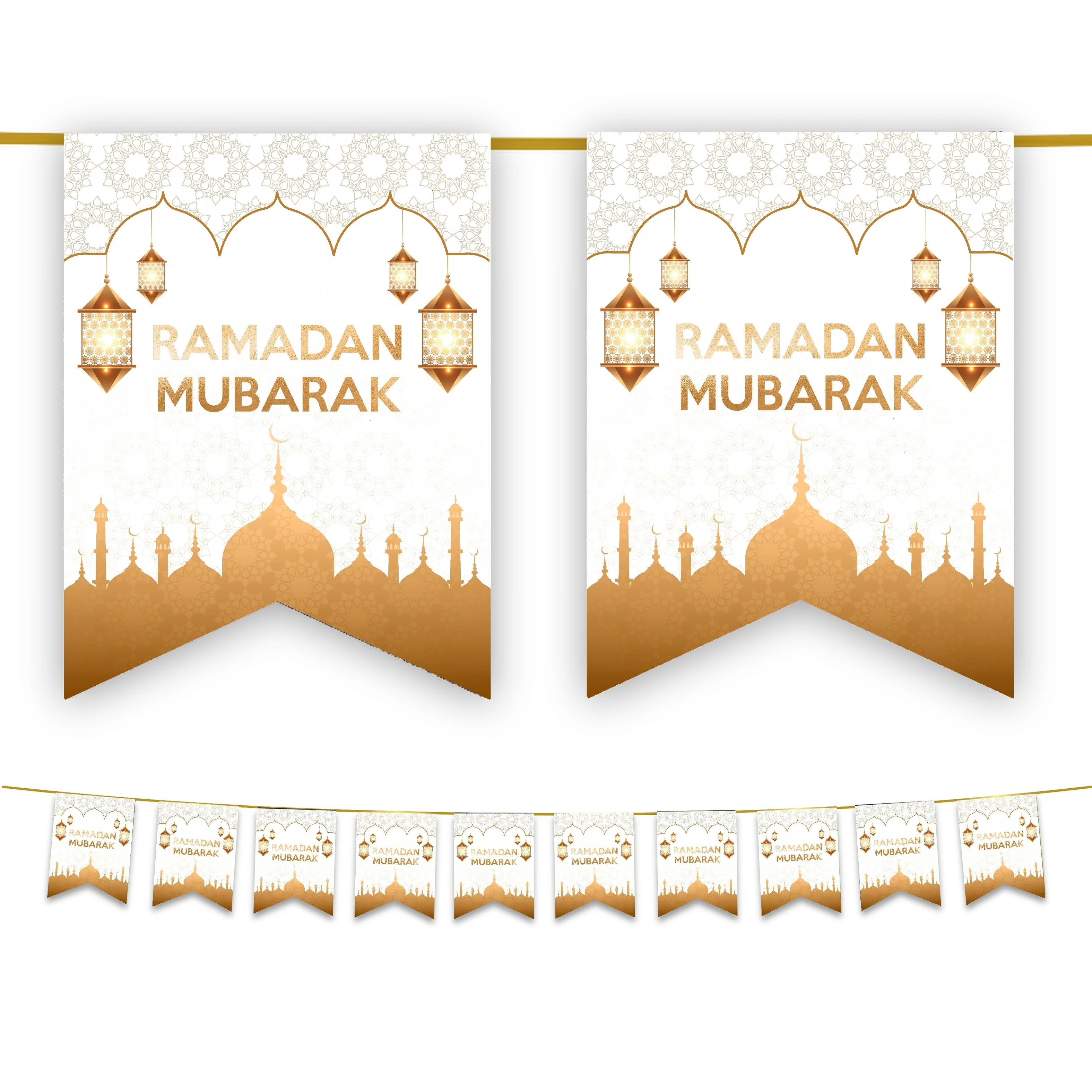 Ramadan Mubarak Bunting - White & Gold Domes & Lanterns