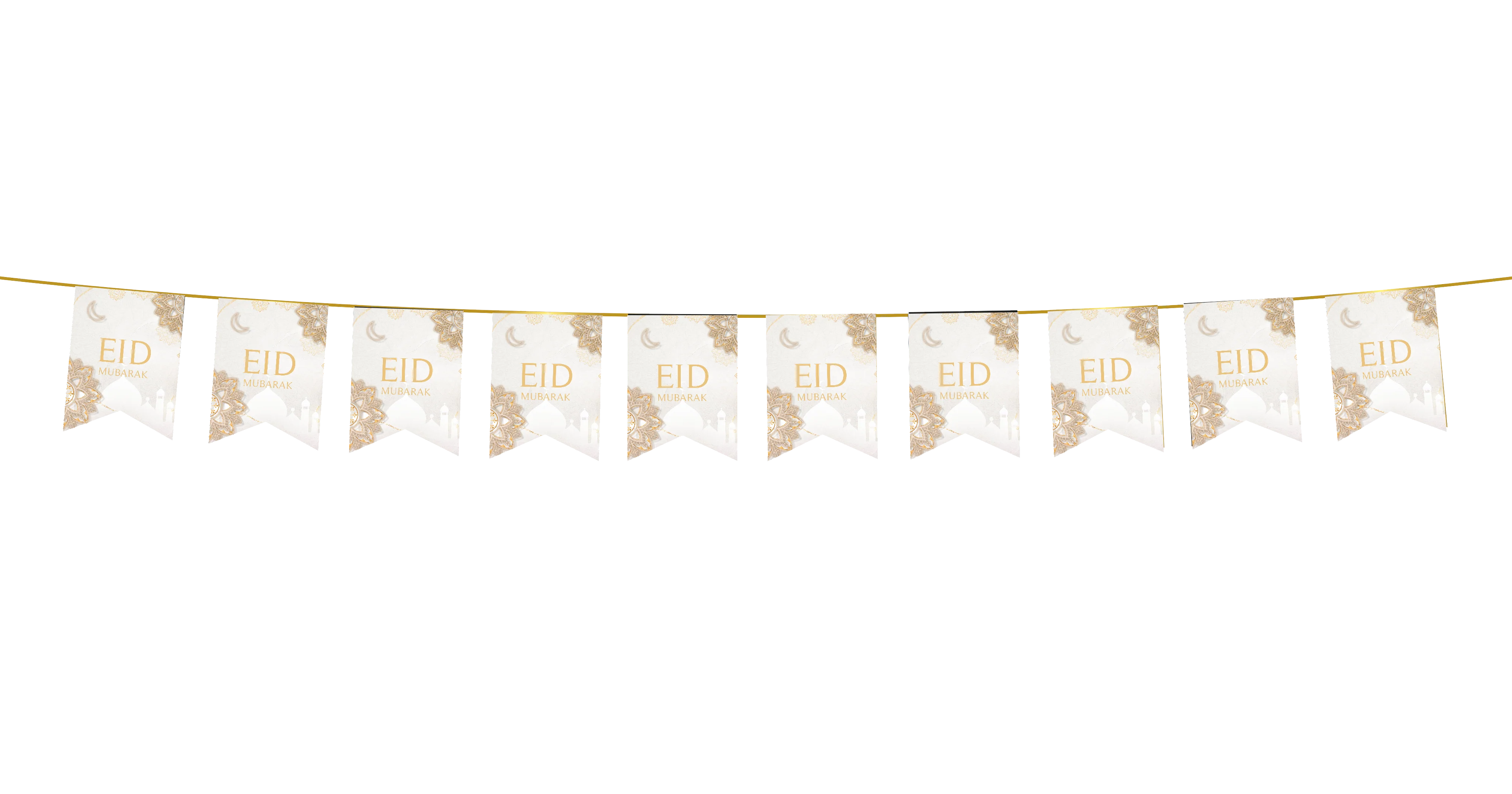 Eid Mubarak Bunting - White & Gold Geometric Flags Decoration - Image 2