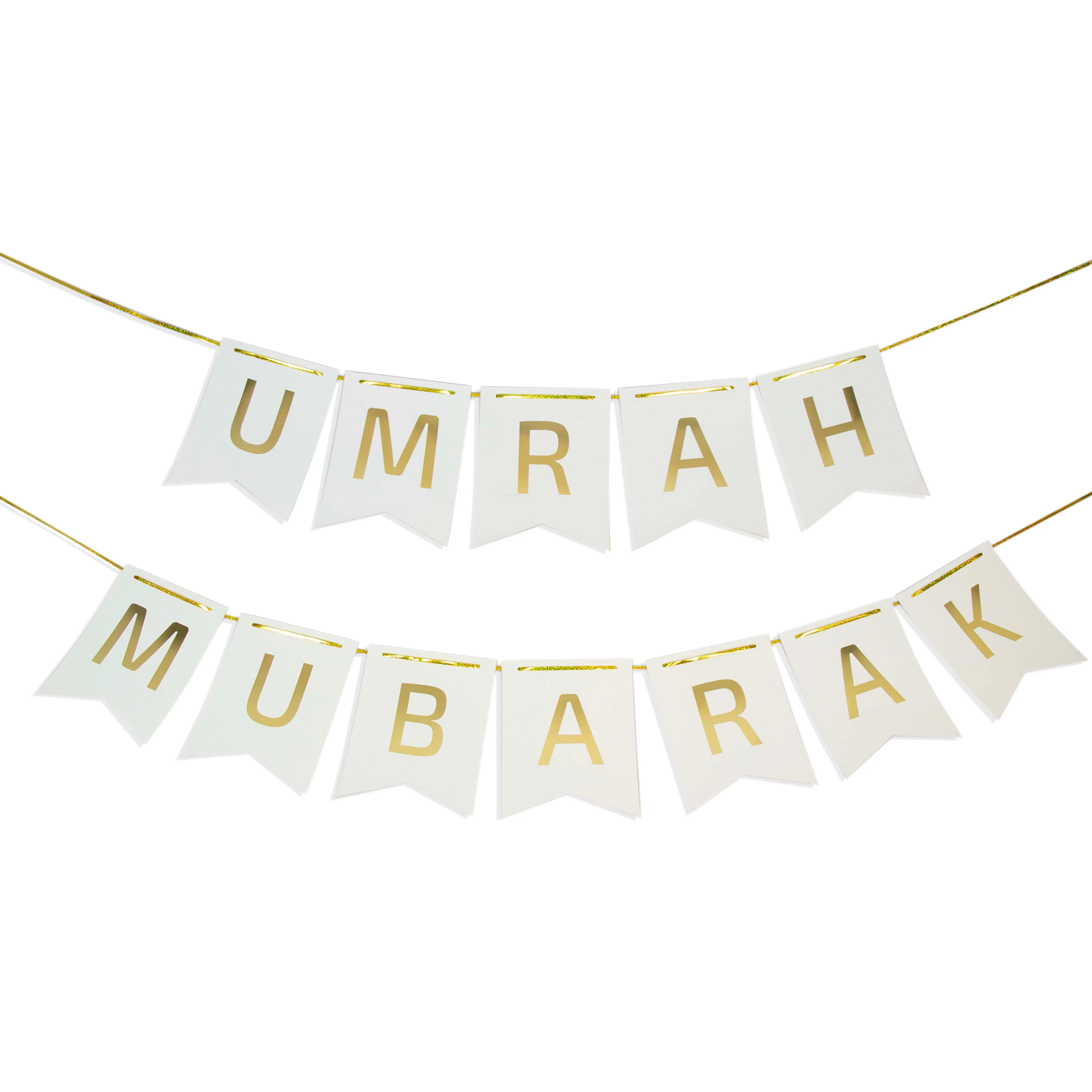 White & Gold Umrah Mubarak Banner – Elegant Double String Design