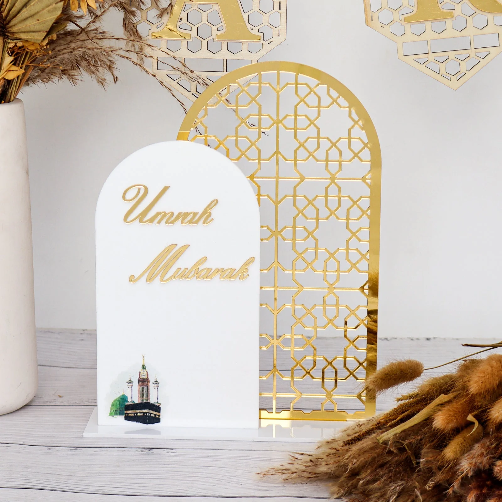 White & Gold "Umrah Mubarak" Decorative Tabletop Sign - Image 2